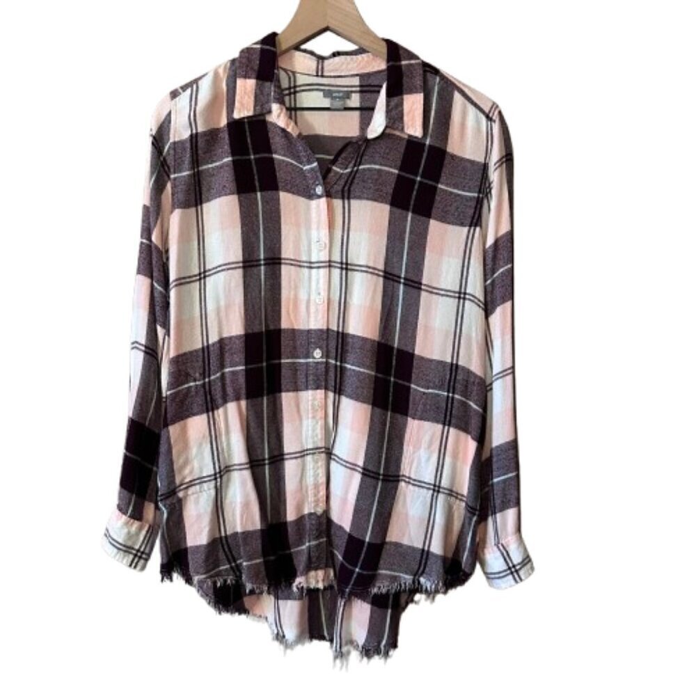 Women's M Aerie Lightweight Plaid Flannel Shirt Pink Raw Hem